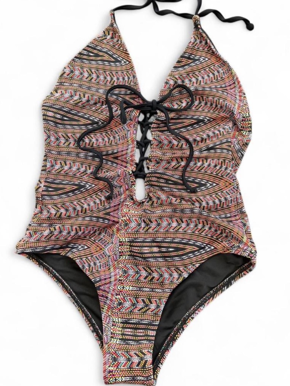 Dippin' Daisy's Geometric Tribal Halter Lace-Up One Piece Swimsuit Small